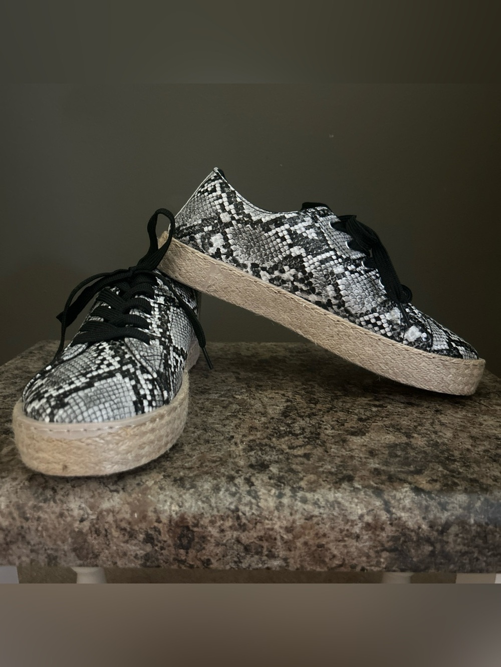 Olivia Miller Snake Print Lace Up Espadrille Sneakers - Black & White